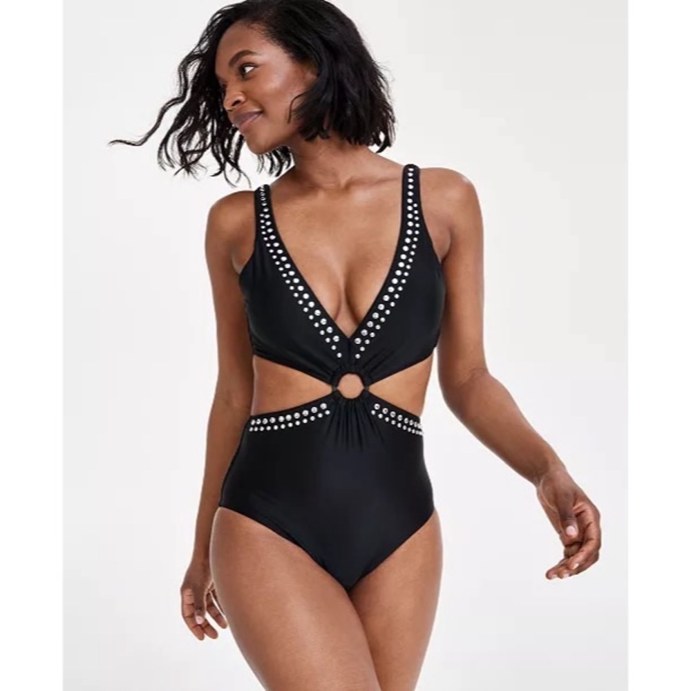 Bar III Black Tell Me About It Stud One-Piece Swimsuit Size Large Cutout New